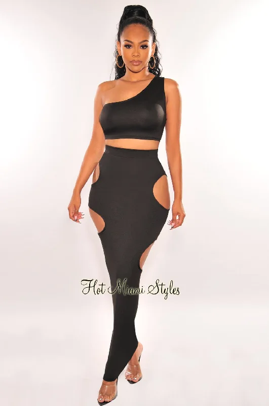 Black One Shoulder Cut Out Skirt Two Piece Set