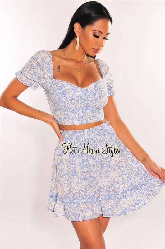 Blue Floral Print Padded Skirt Two Piece Set