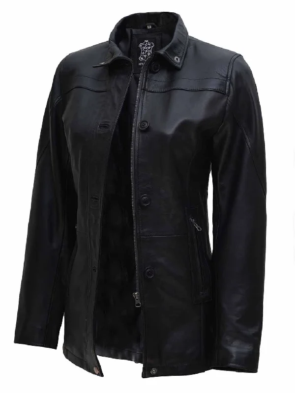 Bristol Womens Black 3 4 Length Leather Car Coat