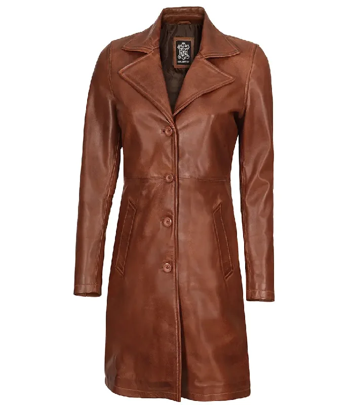 Bryson Women's Cognac Brown Leather 3/4 Length Coat