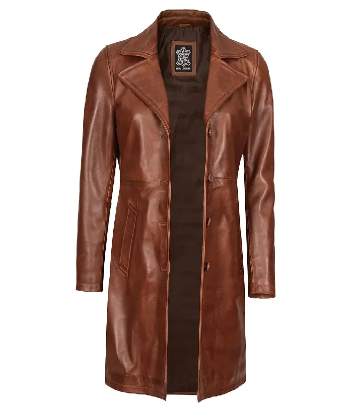 Bryson Women's Cognac Brown Leather 3/4 Length Coat