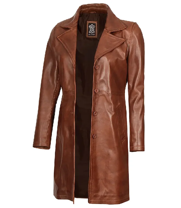 Bryson Women's Cognac Brown Leather 3/4 Length Coat