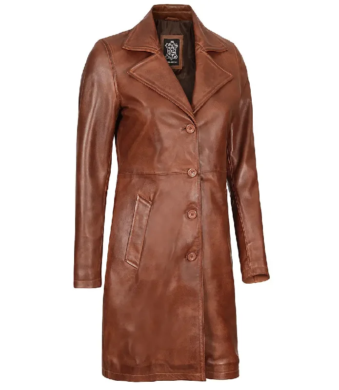 Bryson Women's Cognac Brown Leather 3/4 Length Coat