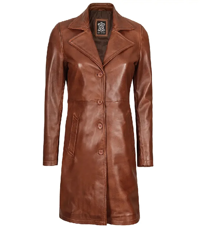 Bryson Women's Cognac Brown Leather 3/4 Length Coat