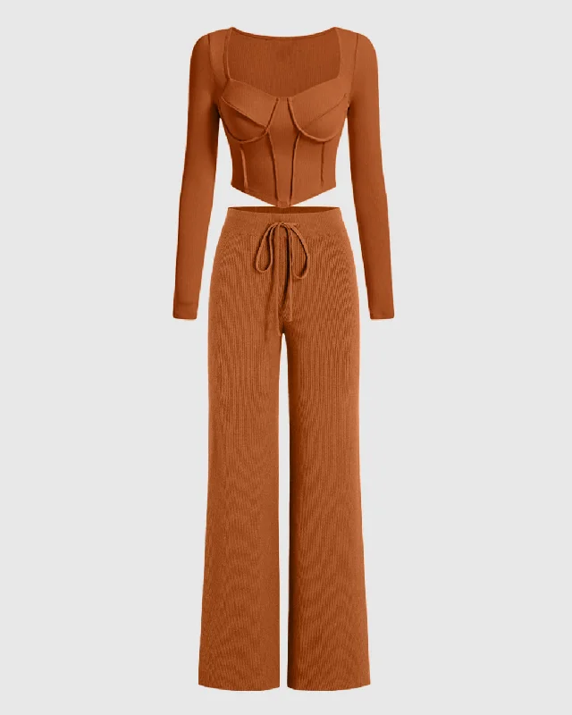 Burnt Orange Summer Ribbed Top & Trouser Coord Set