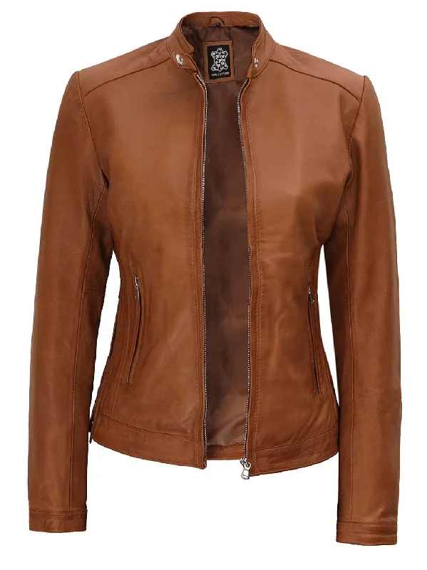 Calgary Women's Tan Wax Motorcycle Leather Jacket