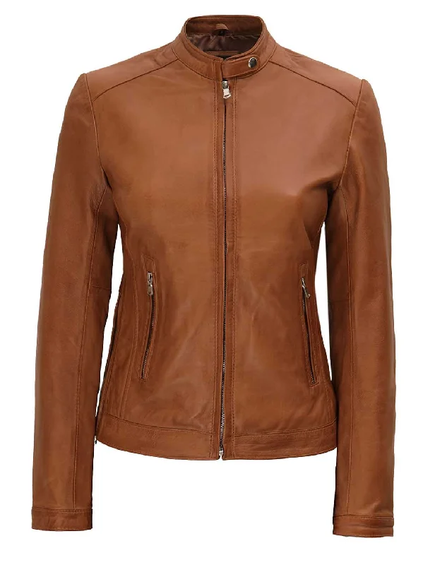 Calgary Women's Tan Wax Motorcycle Leather Jacket