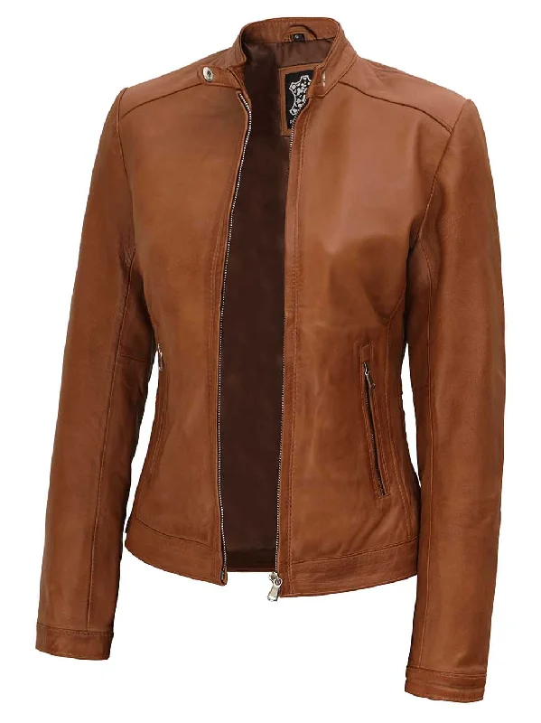 Calgary Women's Tan Wax Motorcycle Leather Jacket