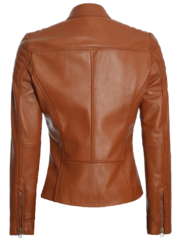 Carrie Women Tan Cafe Racer Leather Biker Jacket