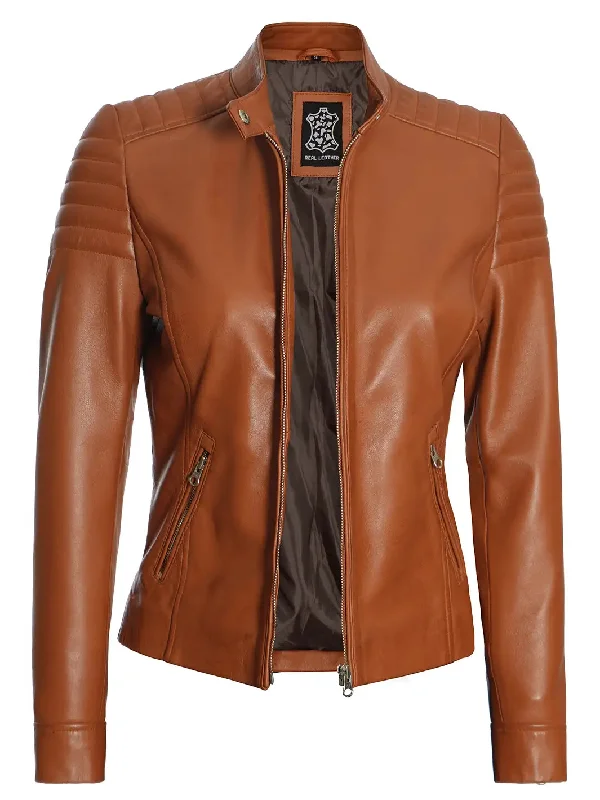 Carrie Women Tan Cafe Racer Leather Biker Jacket