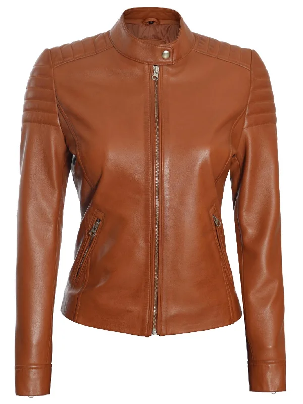 Carrie Women Tan Cafe Racer Leather Biker Jacket