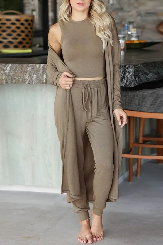 Lounge Casual Long Sleeved Cardigan Slim Vest Lace Up Pants Three Piece Set