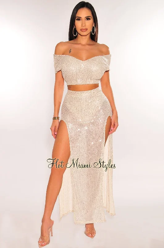 Champagne Sequins Sleeveless Double Slit Skirt Two Piece Set