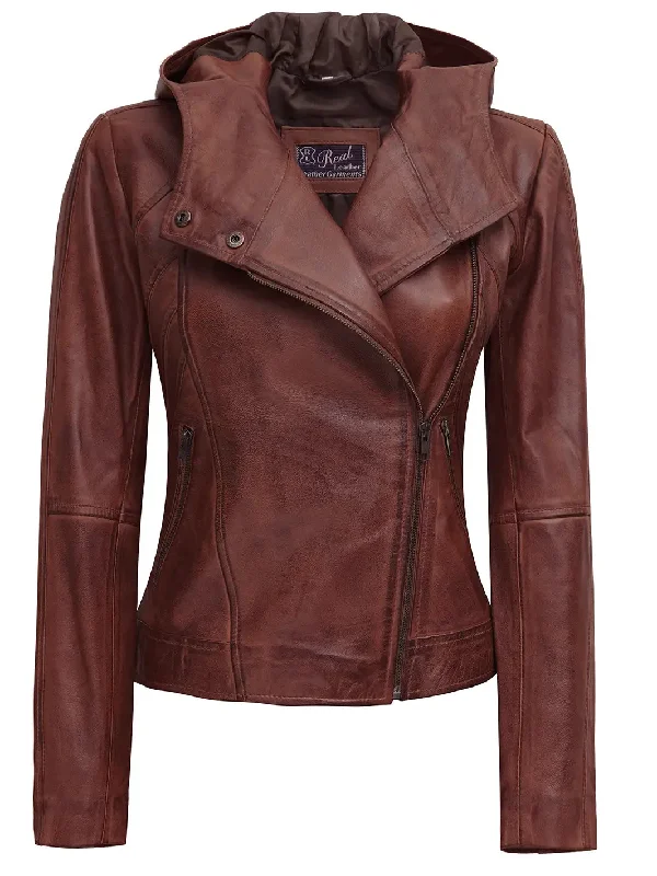 Cidra Women Asymmetrical Brown Hooded Leather Jacket