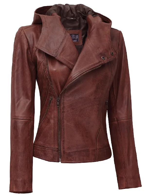 Cidra Women Asymmetrical Brown Hooded Leather Jacket