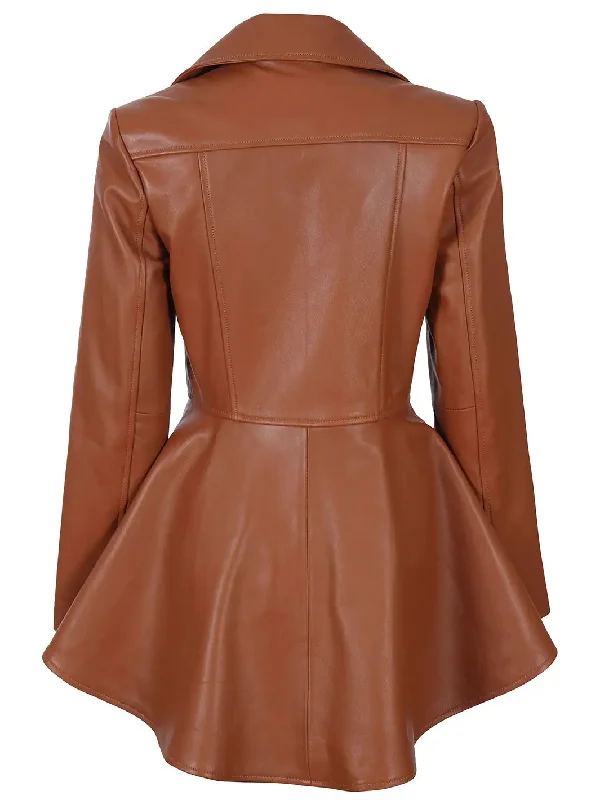 Clarissa Womens Cognac Wax Peplum Leather Jacket