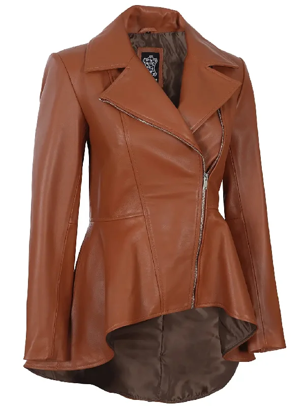 Clarissa Womens Cognac Wax Peplum Leather Jacket