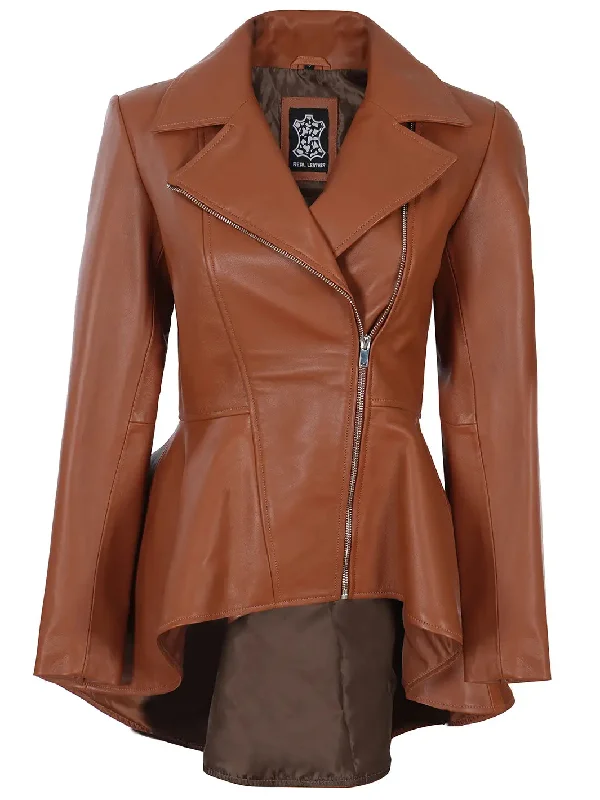 Clarissa Womens Cognac Wax Peplum Leather Jacket