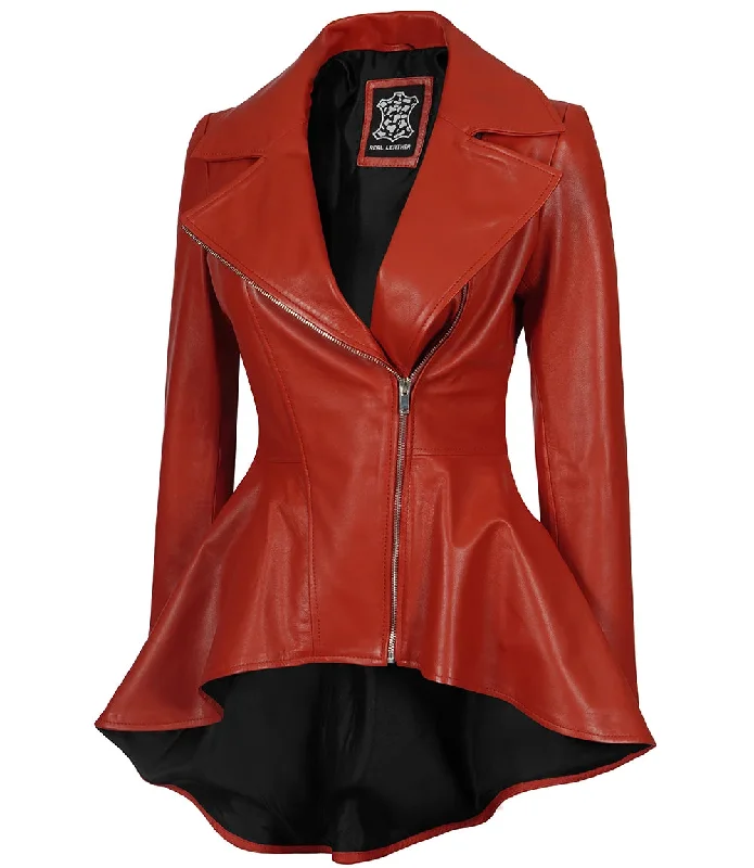 Clarissa Womens Red Asymmetrical Peplum Leather Jacket