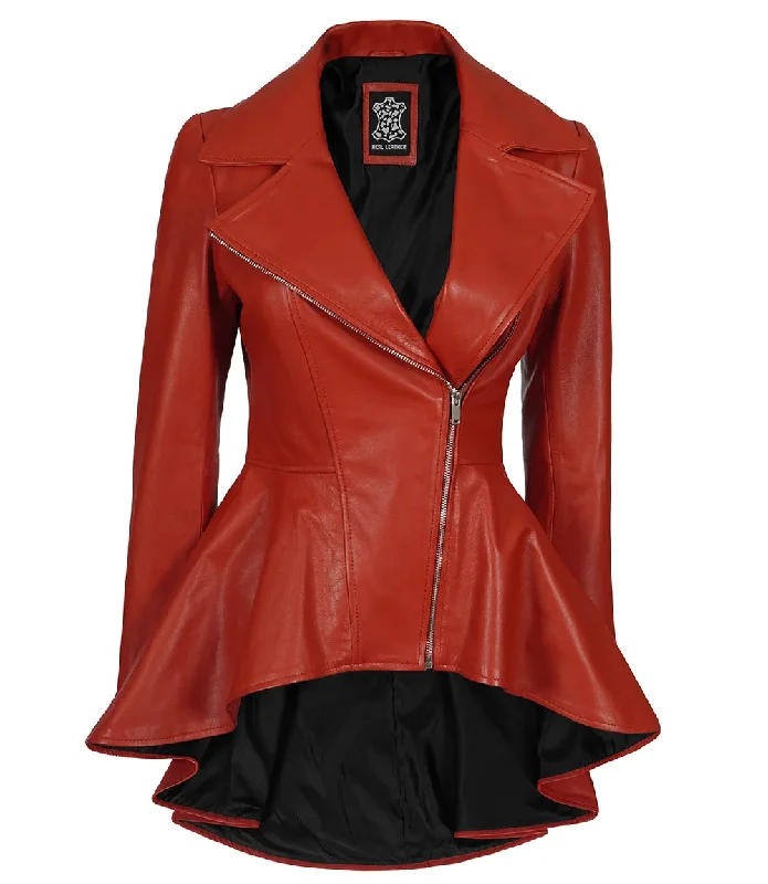 Clarissa Womens Red Asymmetrical Peplum Leather Jacket