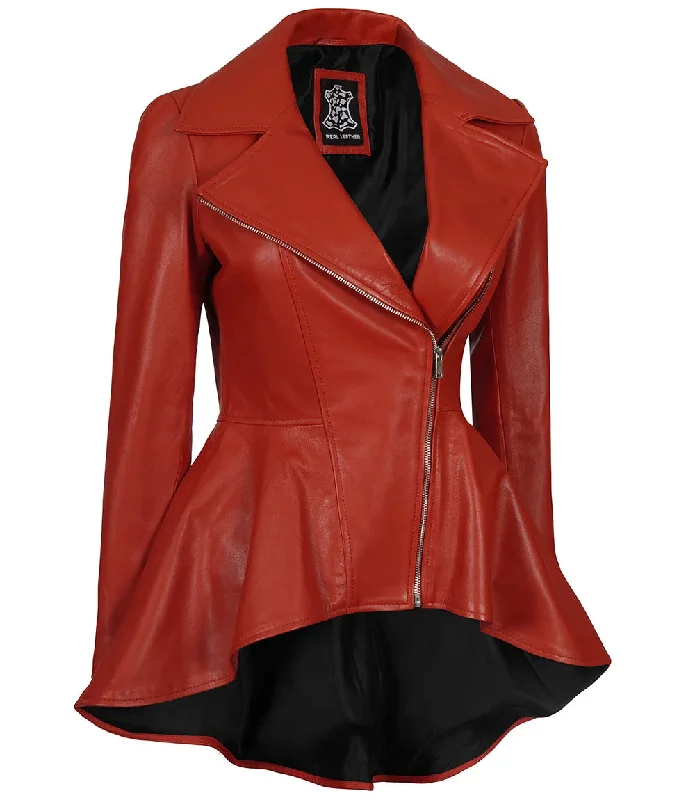 Clarissa Womens Red Asymmetrical Peplum Leather Jacket