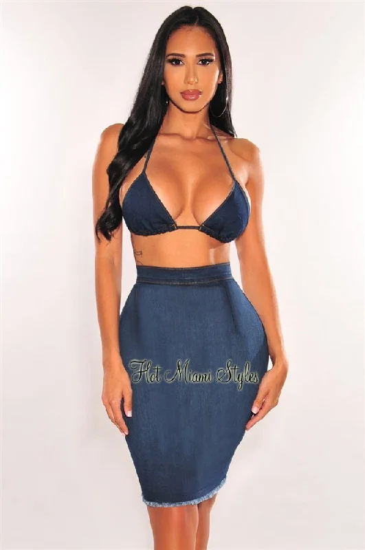 Dark Denim Halter Triangle Top Frayed Skirt Two Piece Set