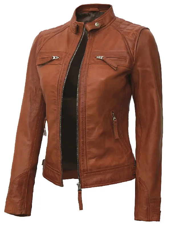 Diamond Women's Tan Quilted Biker Leather Jacket