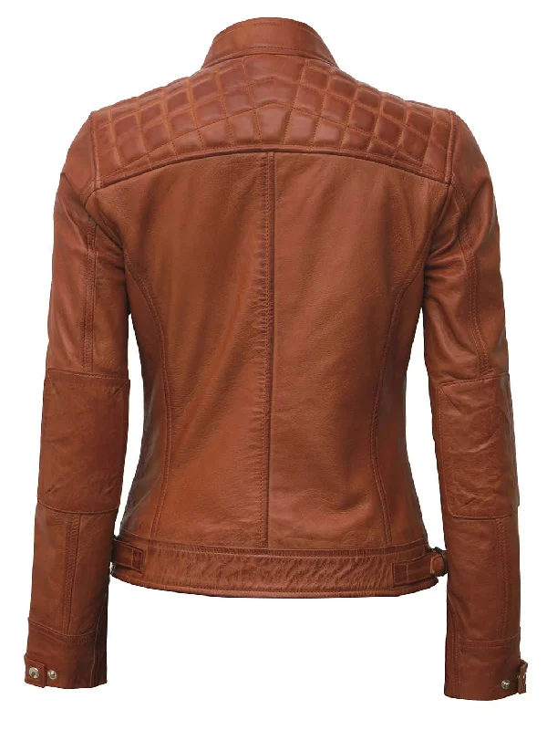 Diamond Women's Tan Quilted Biker Leather Jacket