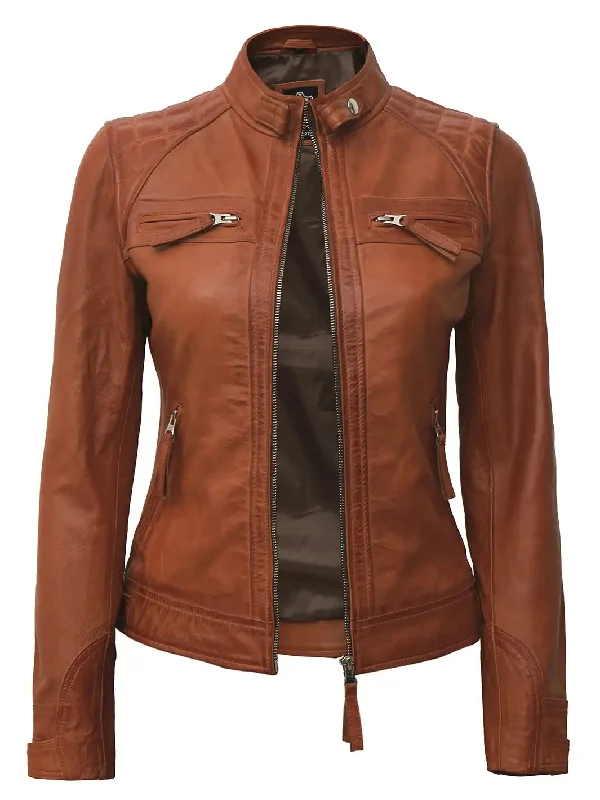 Diamond Women's Tan Quilted Biker Leather Jacket