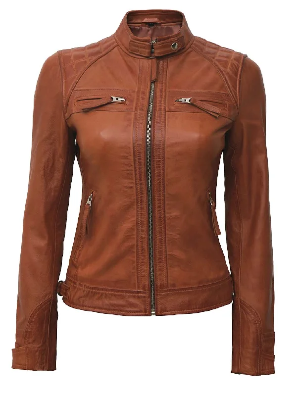 Diamond Women's Tan Quilted Biker Leather Jacket