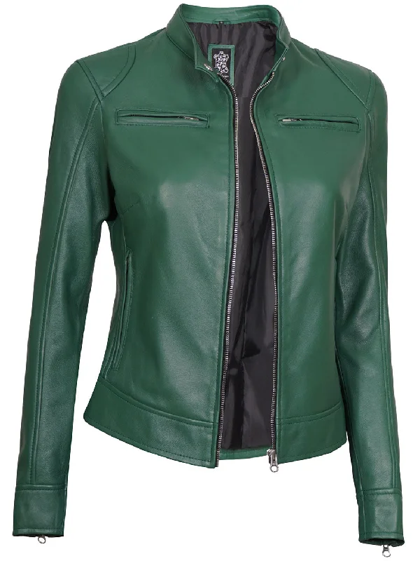 Dodge Women Motorcycle Green Leather Jacket