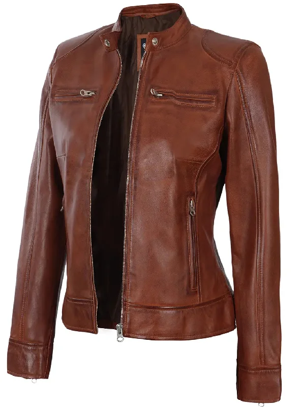 Dodge Womens Cognac Motorcycle Leather Jacket