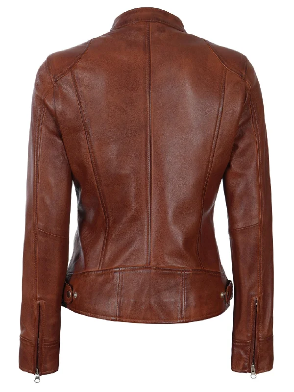 Dodge Womens Cognac Motorcycle Leather Jacket