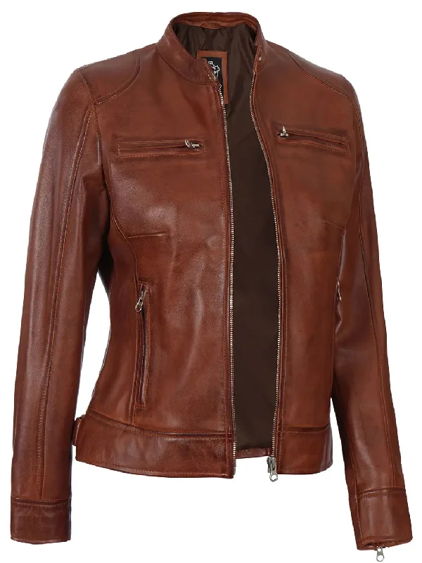 Dodge Womens Cognac Motorcycle Leather Jacket