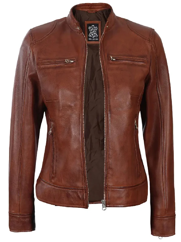 Dodge Womens Cognac Motorcycle Leather Jacket