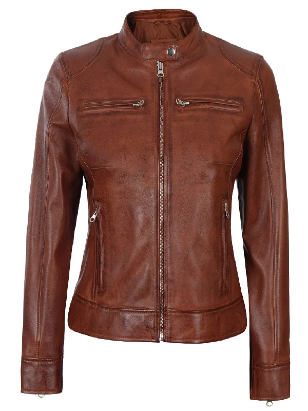 Dodge Womens Cognac Motorcycle Leather Jacket