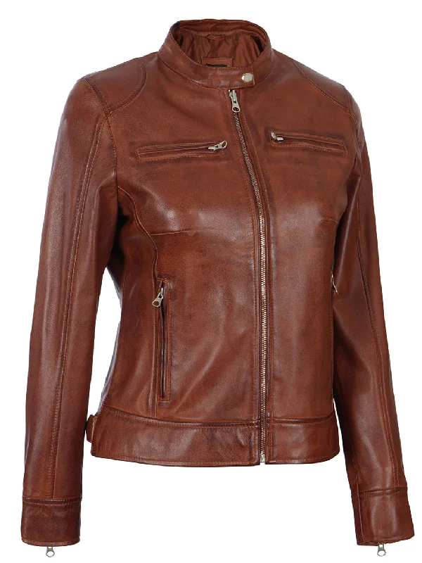 Dodge Womens Cognac Motorcycle Leather Jacket