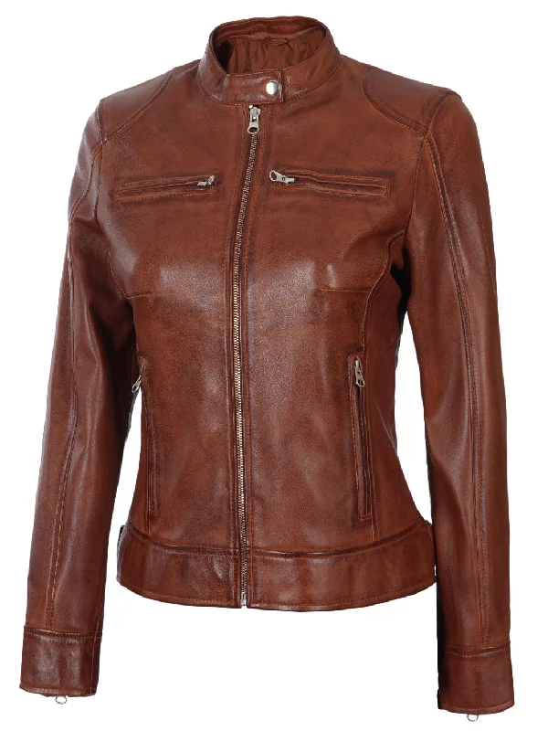 Dodge Womens Cognac Motorcycle Leather Jacket