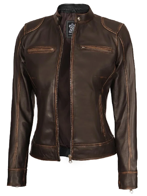 Dodge Women's Brown Rub off Motorcycle Leather Jacket