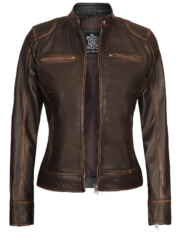 Dodge Women's Brown Rub off Motorcycle Leather Jacket