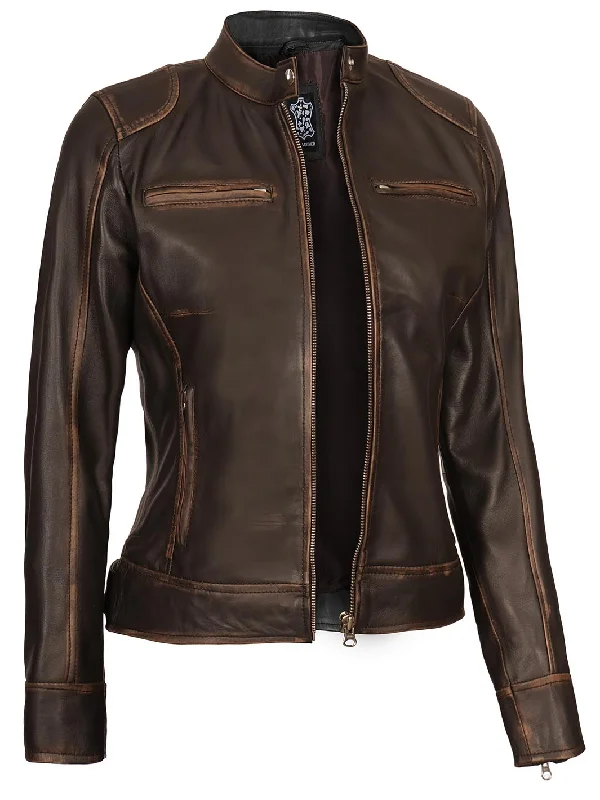 Dodge Women's Brown Rub off Motorcycle Leather Jacket