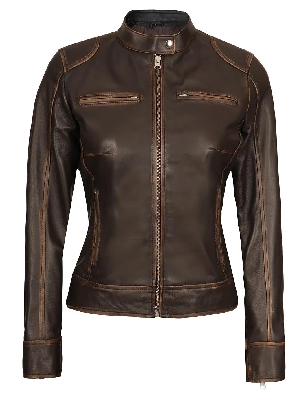 Dodge Women's Brown Rub off Motorcycle Leather Jacket