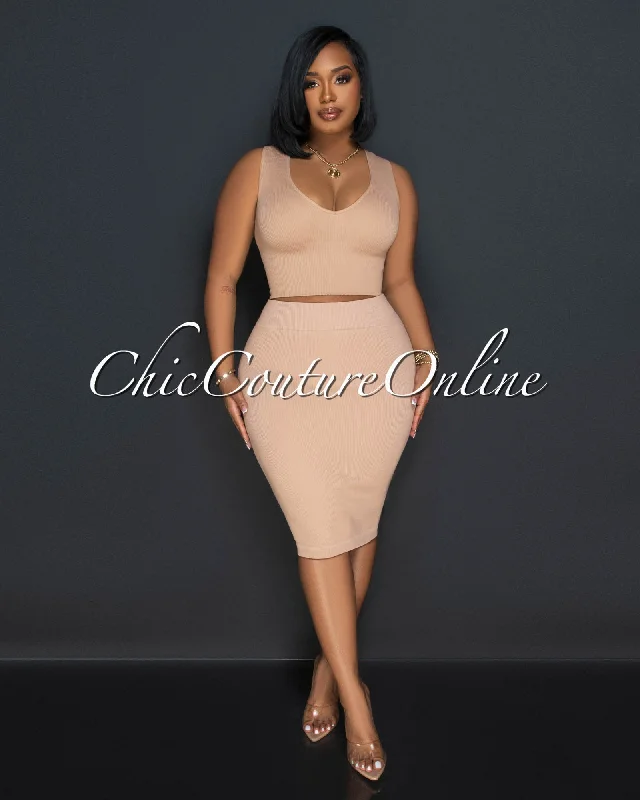 Ebanks Nude Ribbed SCULPTING Crop Top & Skirt Set