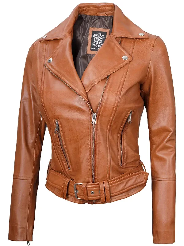 Elisa Womens Light Brown Asymmetrical Motorcycle Leather Jacket