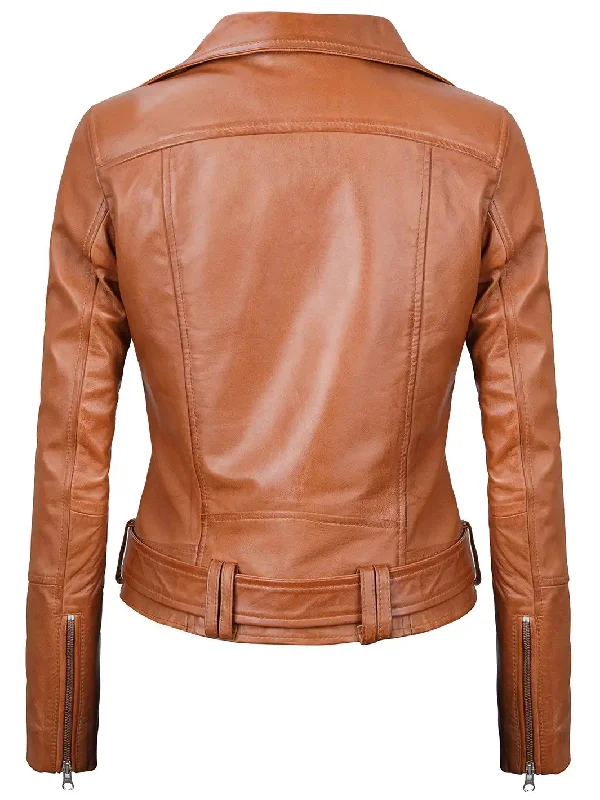 Elisa Womens Light Brown Asymmetrical Motorcycle Leather Jacket