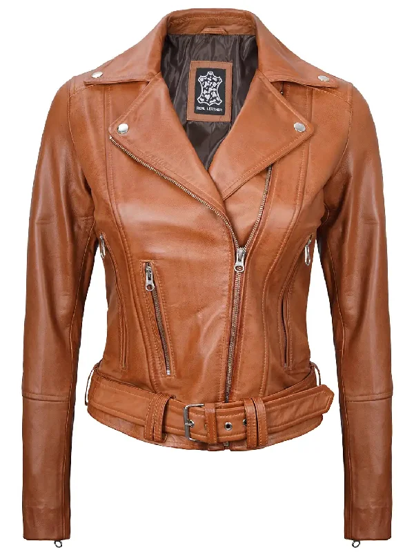 Elisa Womens Light Brown Asymmetrical Motorcycle Leather Jacket