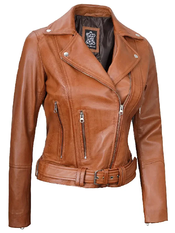 Elisa Womens Light Brown Asymmetrical Motorcycle Leather Jacket