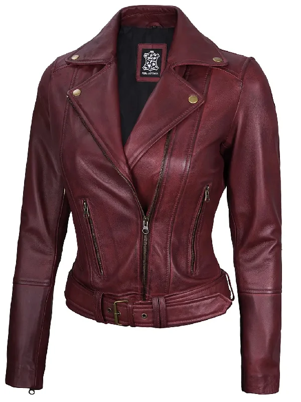 Elisa Womens Maroon Asymmetrical Motorcycle Leather Jacket