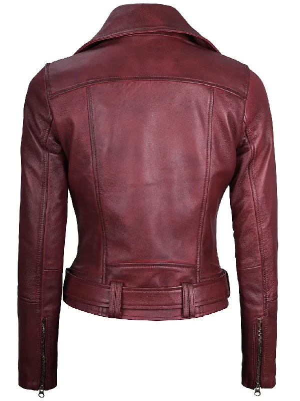 Elisa Womens Maroon Asymmetrical Motorcycle Leather Jacket