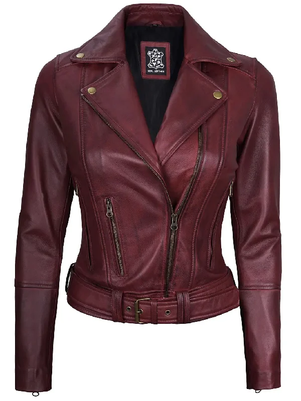 Elisa Womens Maroon Asymmetrical Motorcycle Leather Jacket